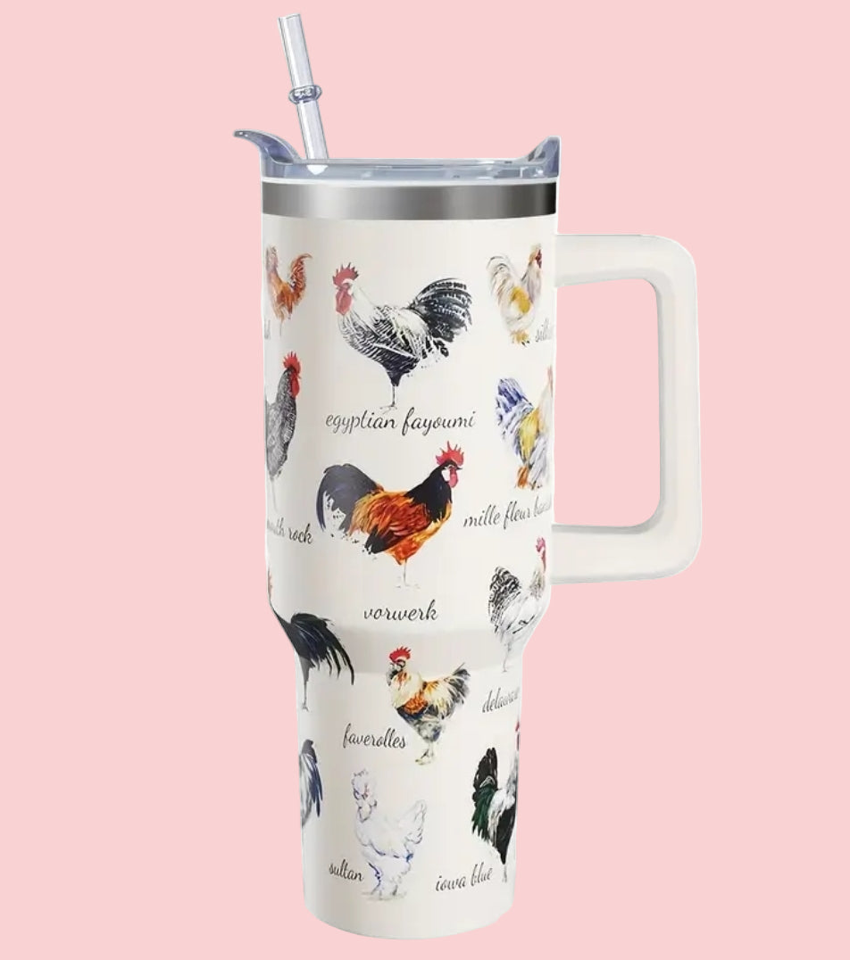 40 oz Stainless Steel Tumbler (Chicken Breed ID) Cream Colored Background