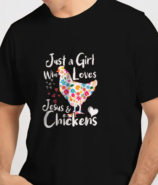 CHICKEN T-SHIRT "LOVES JESUS AND CHICKENS"