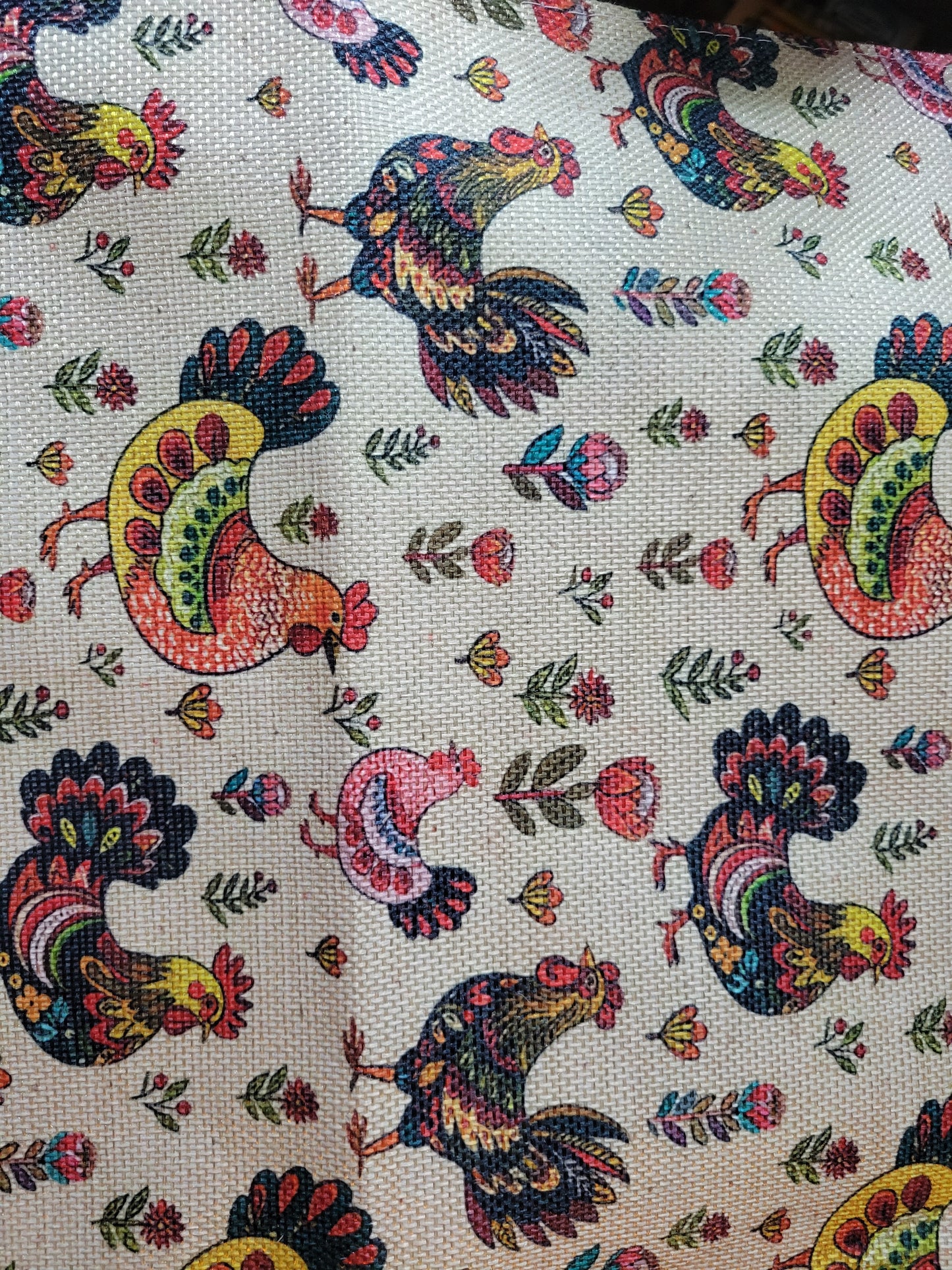 TABLE RUNNER, CHICKEN AND FLOWERS-BRIGHT COLORS GEOMETRIC DESIGN
