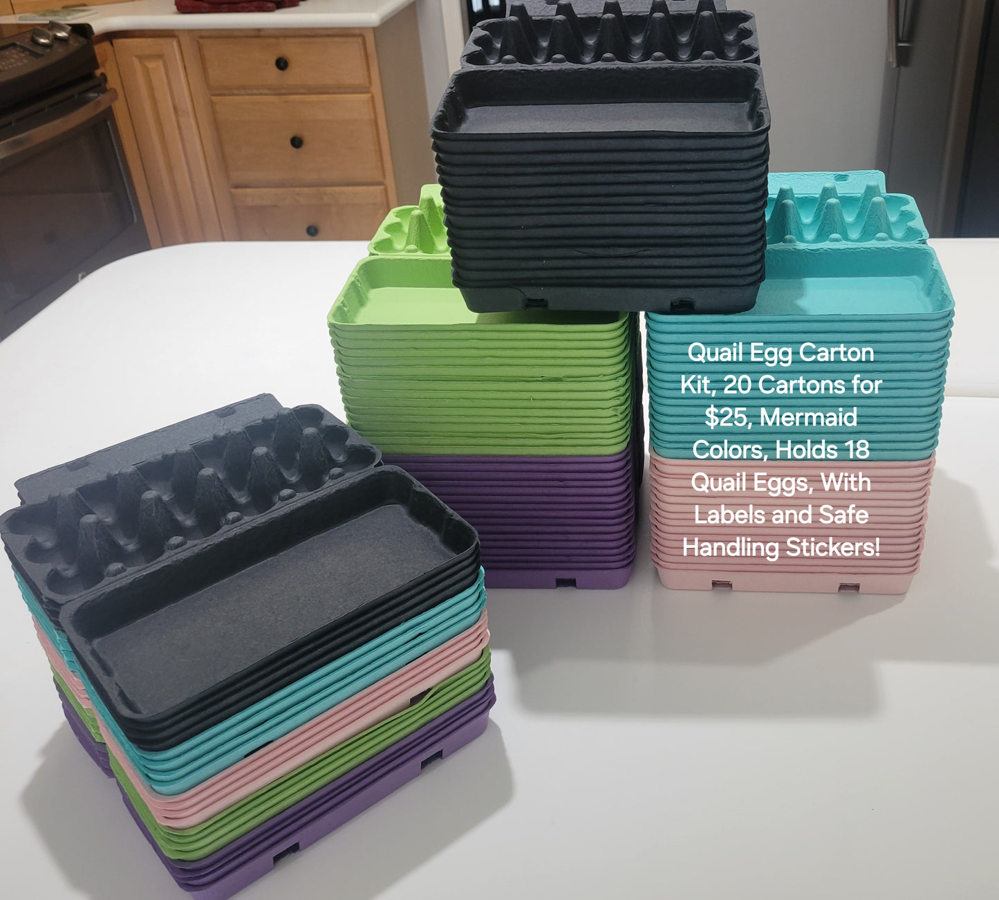 Mermaid Color Quail Egg Kit. HOLDS 18 EGGS. Comes With Sticker and Safe Handling Cards. 20 Cartons with 4 of Each Color.