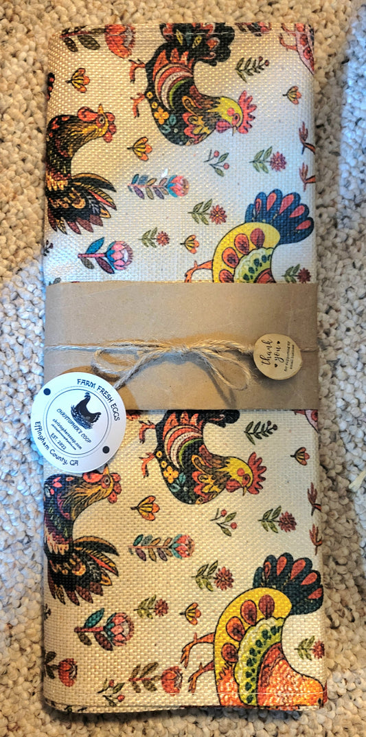 TABLE RUNNER, CHICKEN AND FLOWERS-BRIGHT COLORS GEOMETRIC DESIGN