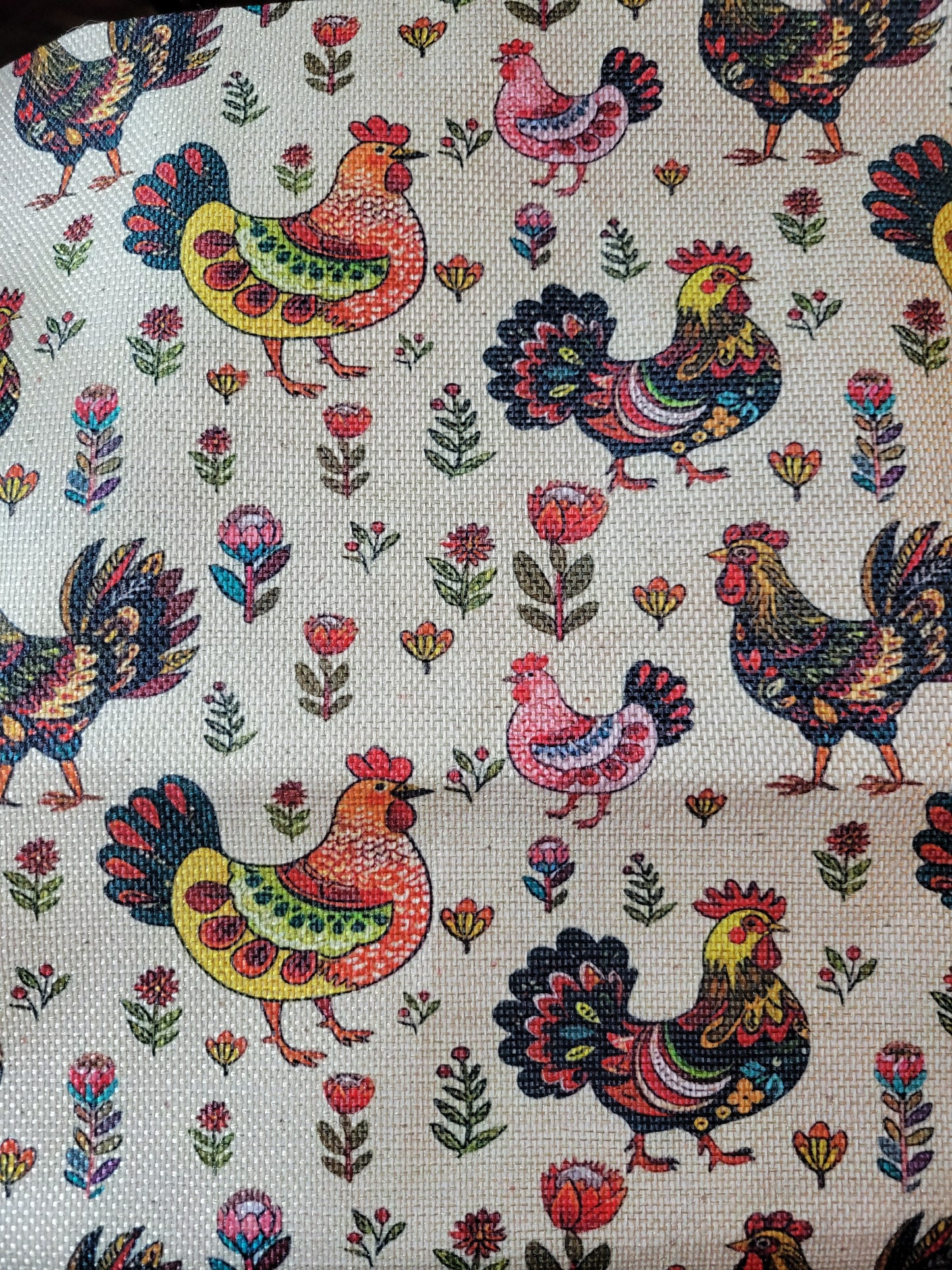 TABLE RUNNER, CHICKEN AND FLOWERS-BRIGHT COLORS GEOMETRIC DESIGN